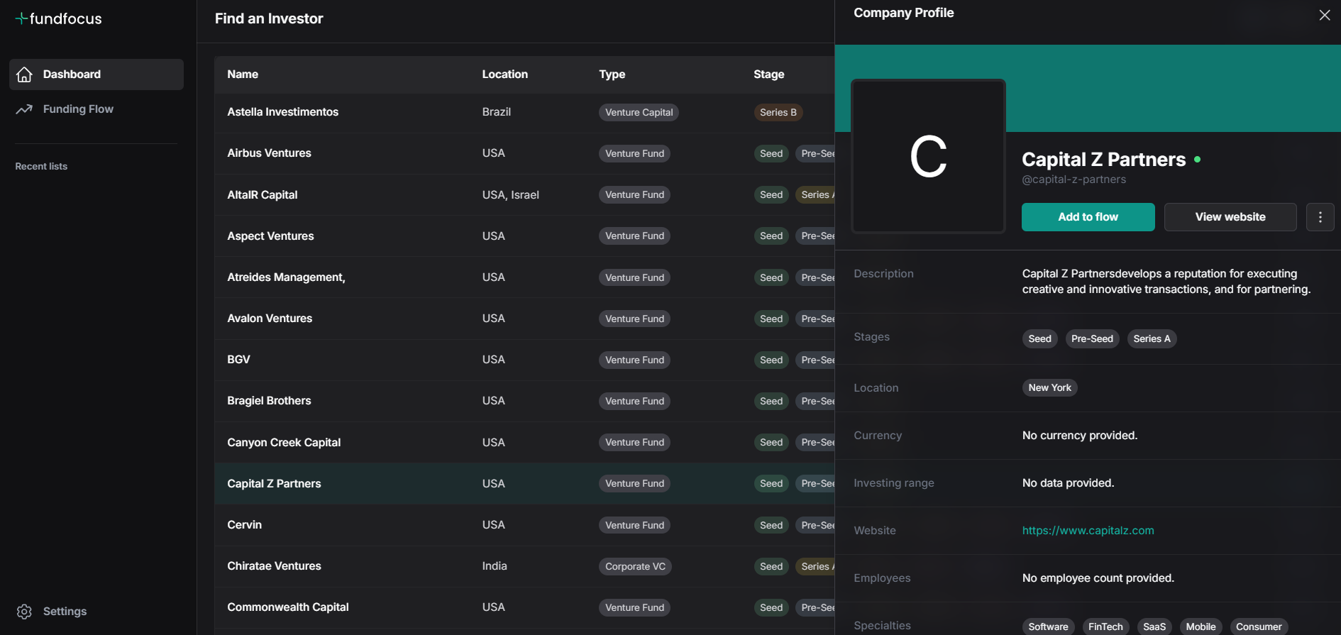 Screenshot of dashboard